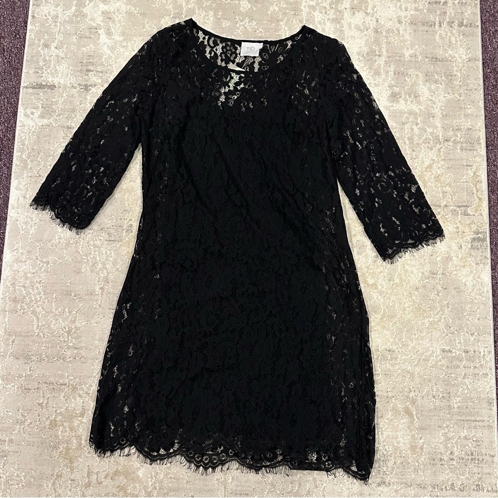 HD in Paris | Anthropologie Black 3/4 Sleeve Lace Shift Mini Dress Size M
